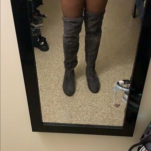 Gray knee high boots